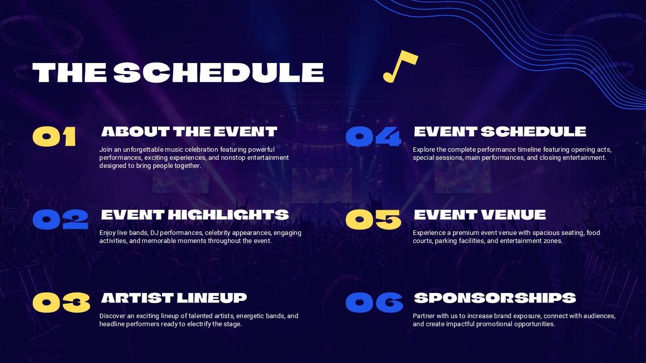 Music Event Template - Vision and mission slide with split layout, concert photo, and two icon-based sub-sections