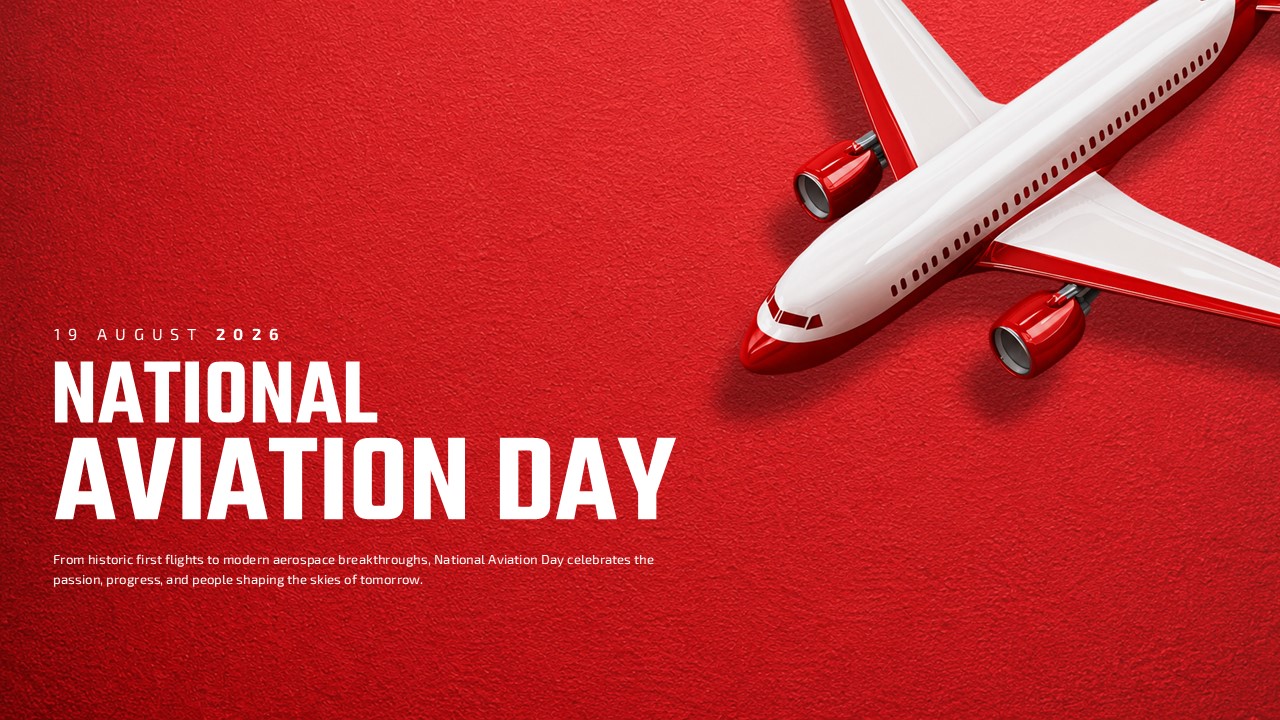 National Aviation Day Google Slides Template – crimson red slide with 3D aircraft and bold white headline