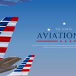 National Aviation Day Template – patriotic cover slide with aircraft tail fins and bold typography on deep sky blue