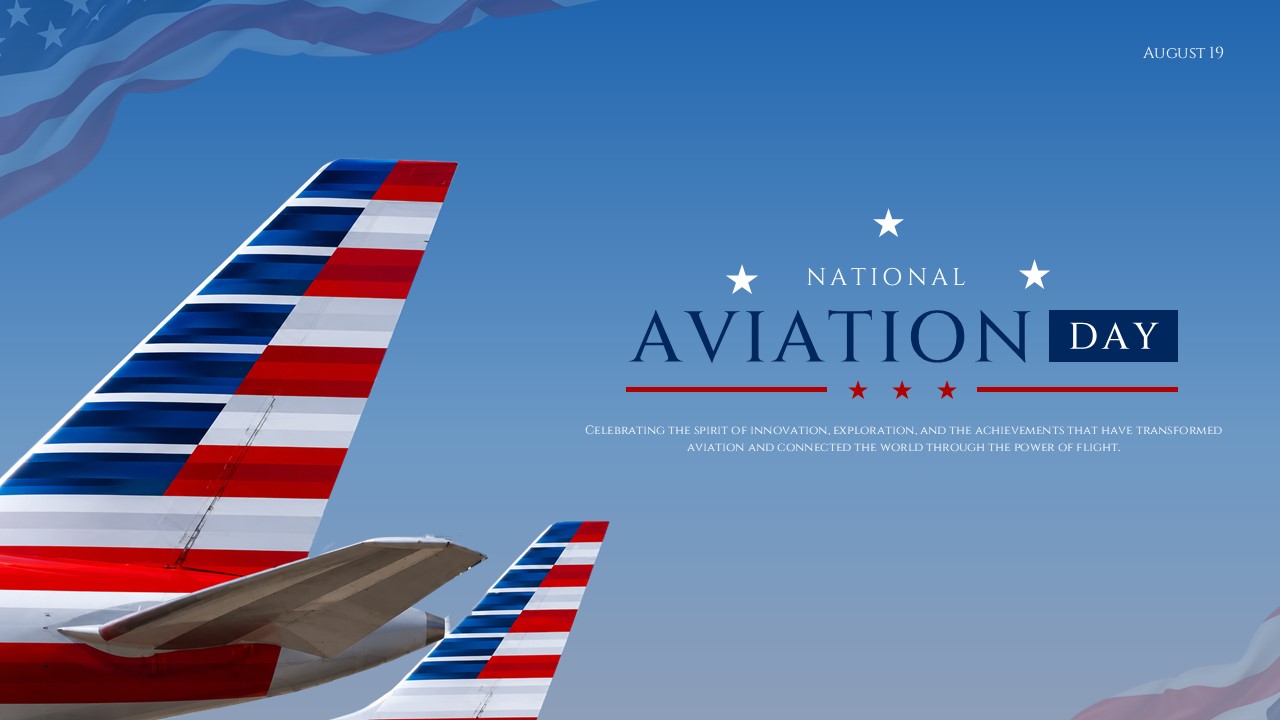 National Aviation Day Template – patriotic cover slide with aircraft tail fins and bold typography on deep sky blue