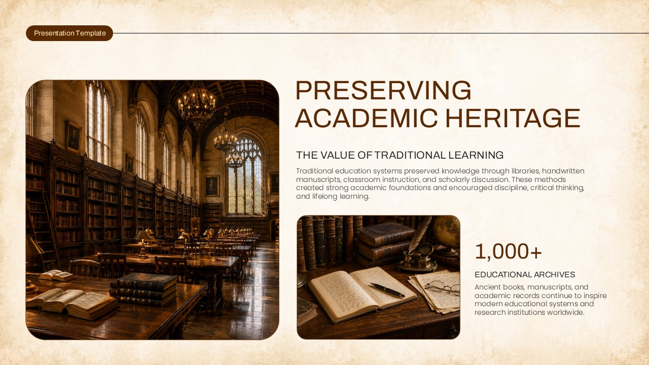 Preserving Academic Heritage Slide - Gothic library hall photo with 1000+ educational archives statistic highlight
