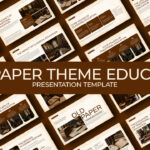 Old Paper Theme Education Template - diagonal collage of 11 vintage parchment slides on chocolate brown background