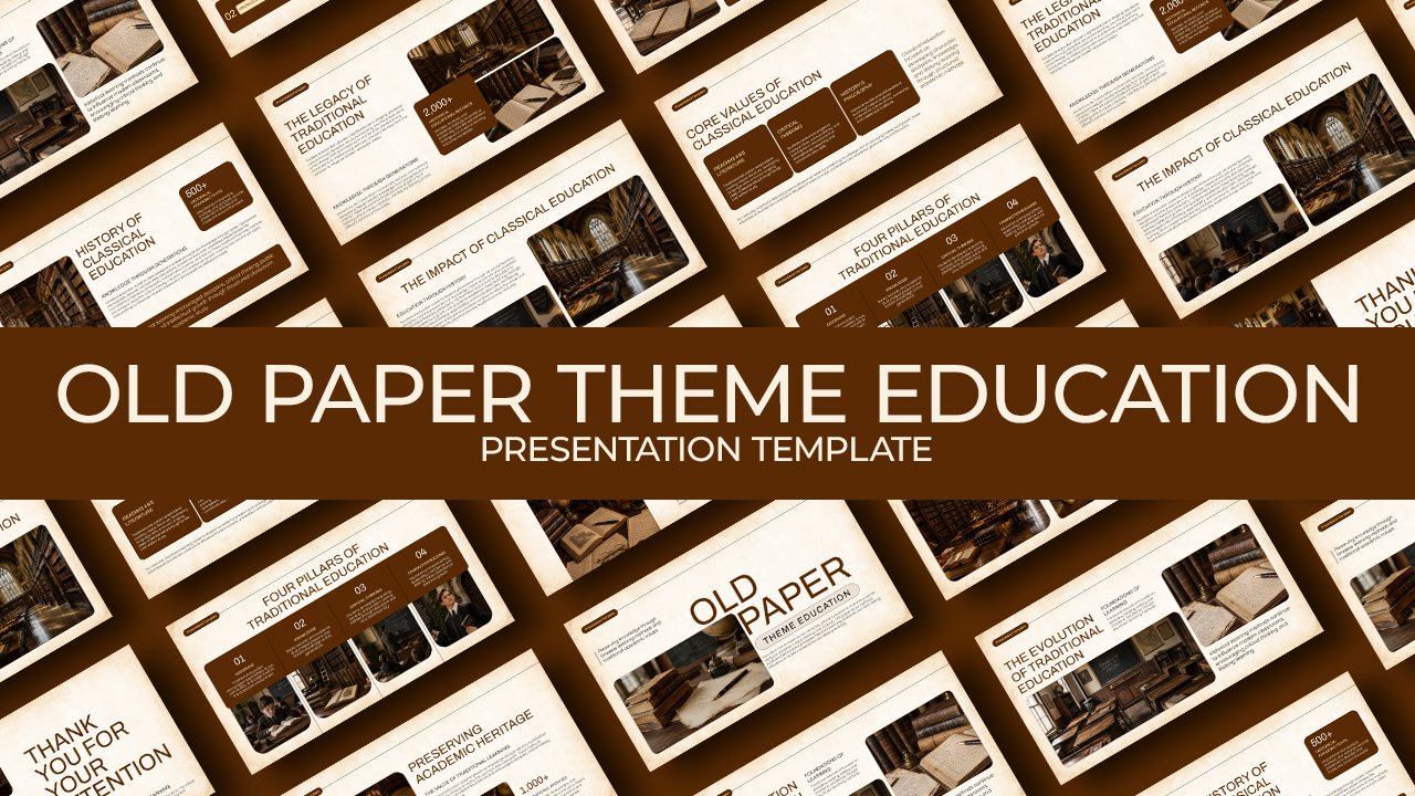 Old Paper Theme Education Template - diagonal collage of 11 vintage parchment slides on chocolate brown background