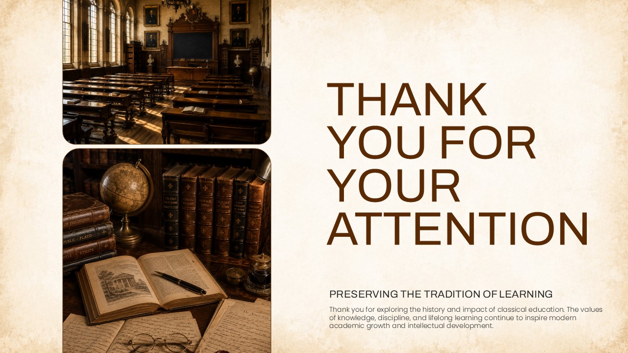 Thank You Slide - vintage lecture hall and leather-bound Plato books photos beside warm closing appreciation text