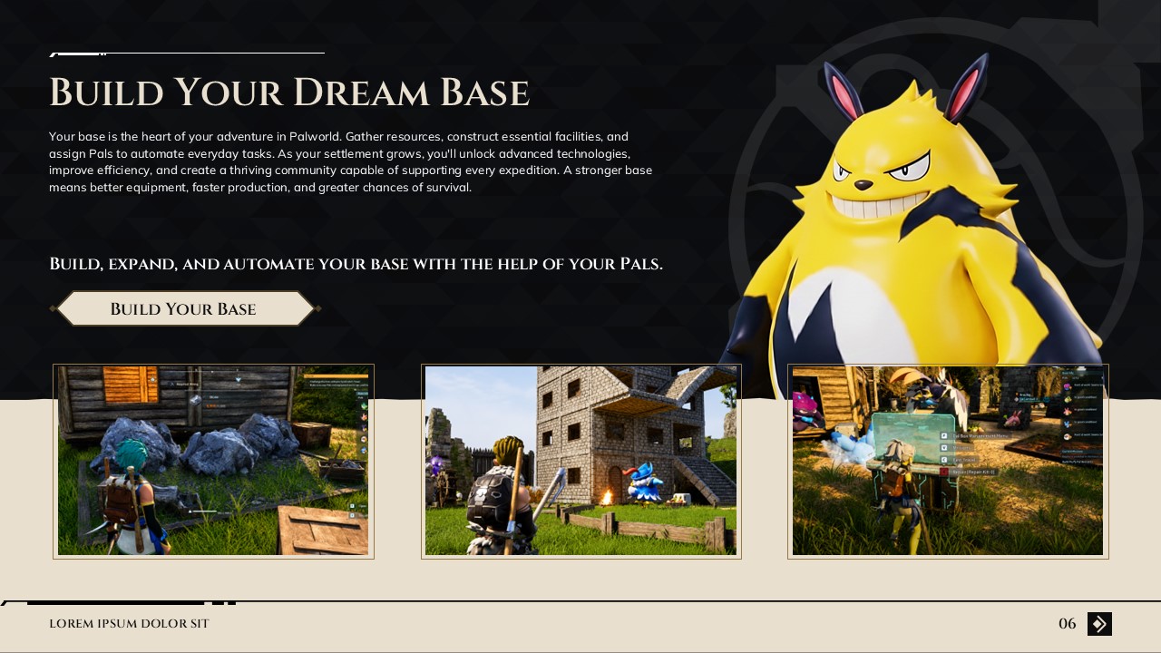 Palworld Game Template - Gallery slide to showcase base building features and Pal automation mechanics