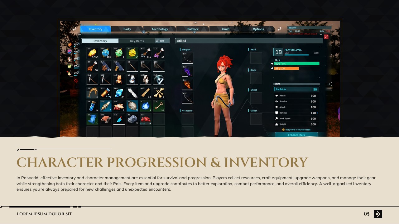Palworld Game Template - UI showcase slide to present character progression and inventory systems