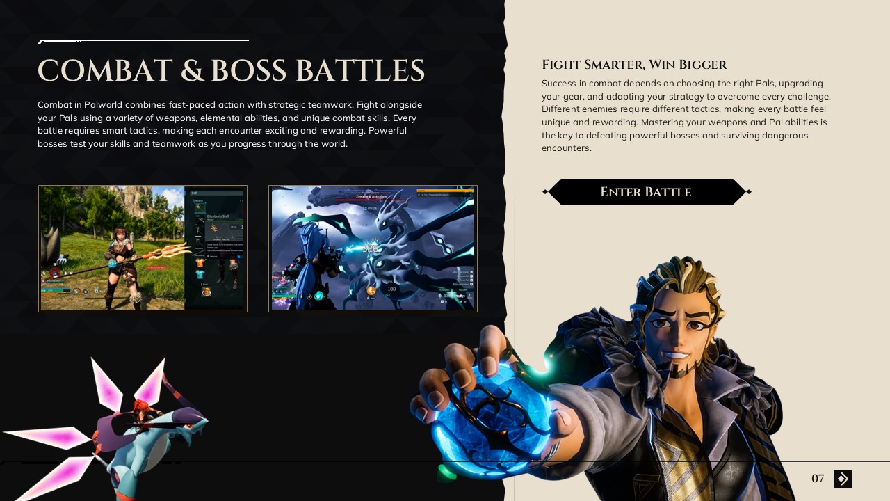 Palworld Game Template - Split-panel slide to present combat mechanics and boss battle strategies