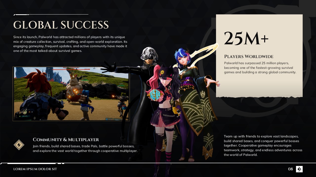 Palworld Game Template - Stats slide to highlight 25M+ player milestone and multiplayer achievements