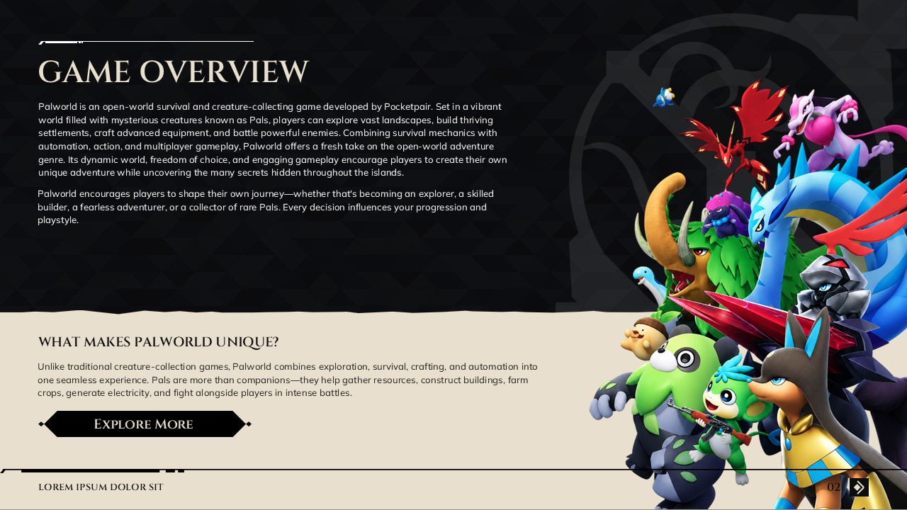 Palworld Game Template - Three-column card slide to showcase Pal companion categories and abilities