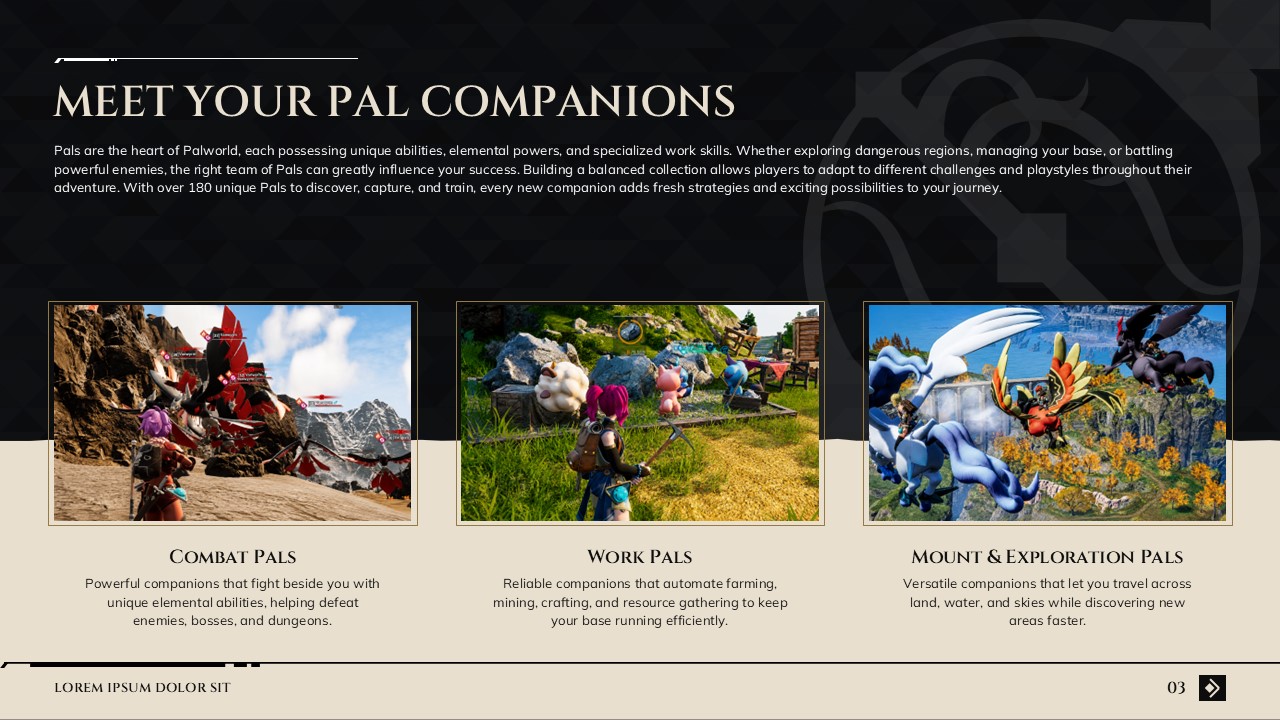 Palworld Game Template - Feature list slide to highlight Pal companion types and roles
