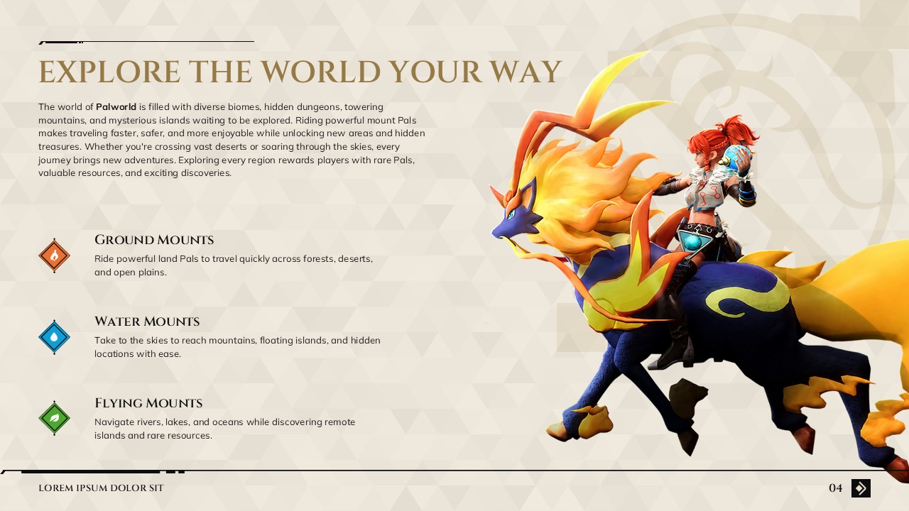 Palworld Game Template - Exploration slide to present mount types and open-world travel mechanics