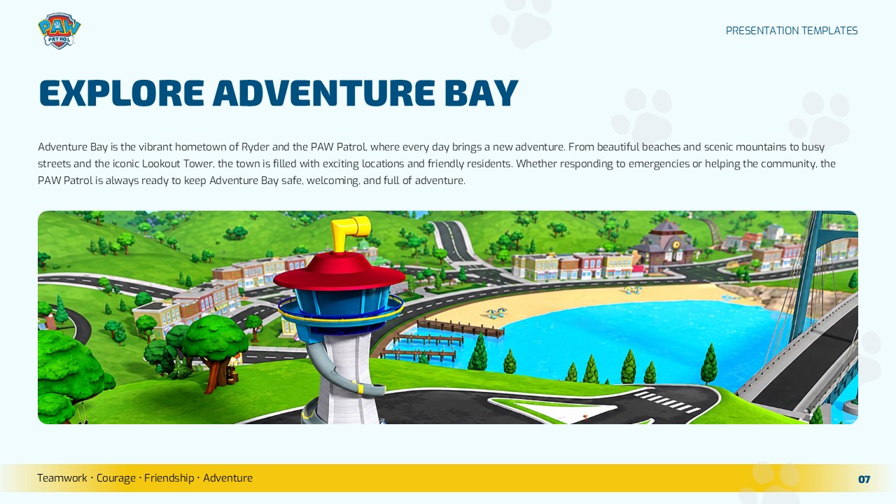 PAW Patrol Cartoon Adventure Bay Location Template - panoramic setting slide with Lookout Tower scene and descriptive text
