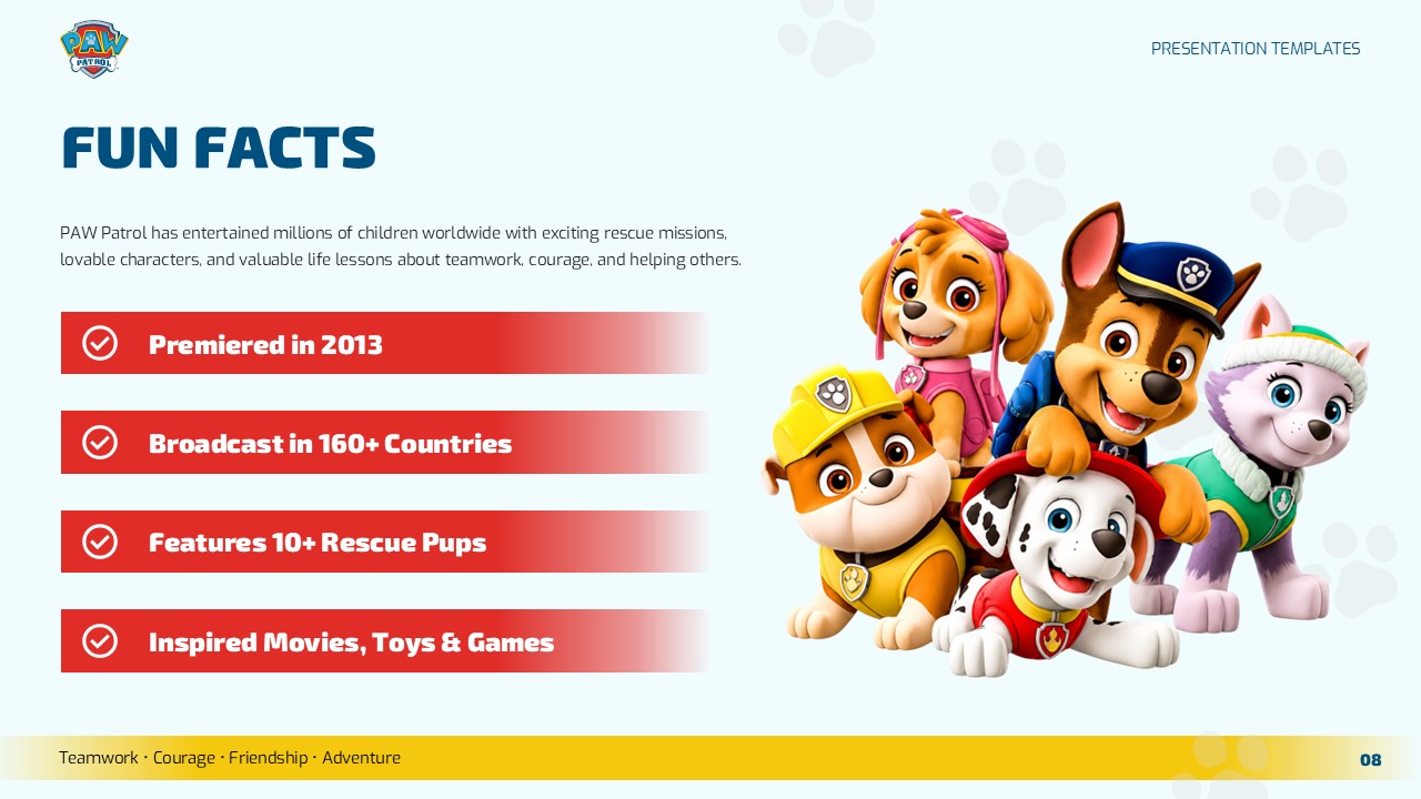 PAW Patrol Cartoon Fun Facts Template - four red checklist bars with key show statistics and character group illustration