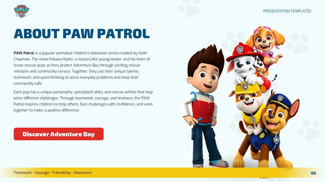 PAW Patrol Cartoon Google Slides PowerPoint Template - about slide with two-column layout and character illustration
