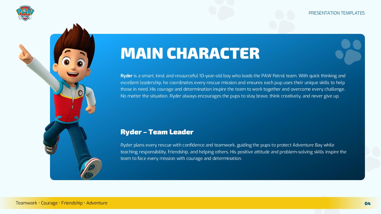 PAW Patrol Cartoon Main Character Profile Template - Ryder spotlight slide with blue card layout and bio text