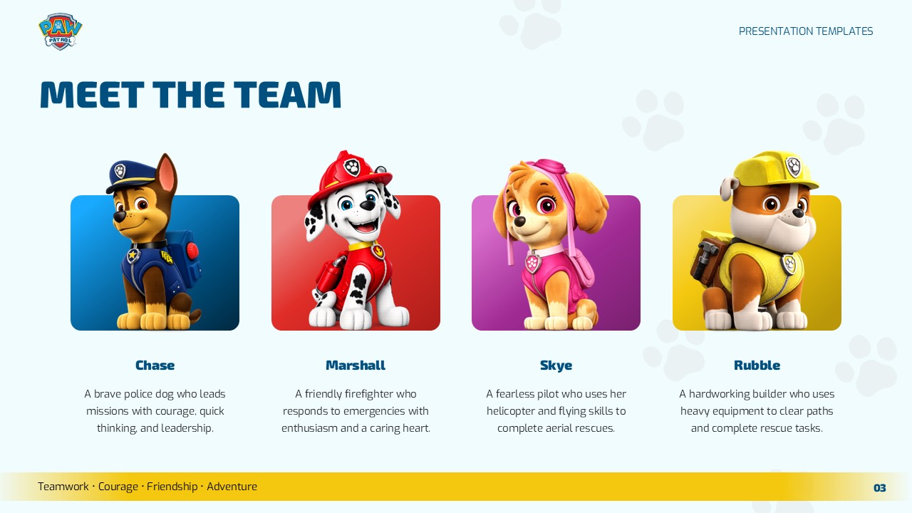 PAW Patrol Cartoon Meet the Team Template - four-column character card grid featuring Chase, Marshall, Skye, and Rubble