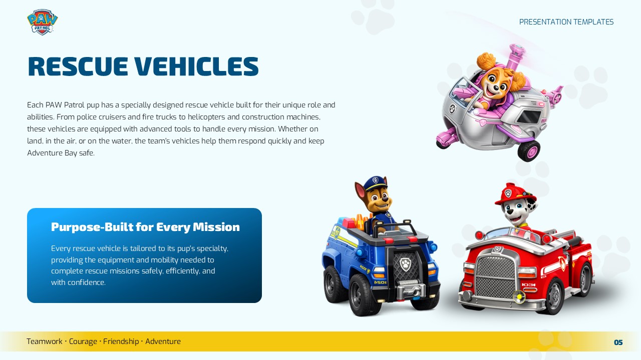 PAW Patrol Cartoon Rescue Vehicles Template - split layout with vehicle images, descriptive text, and blue callout box