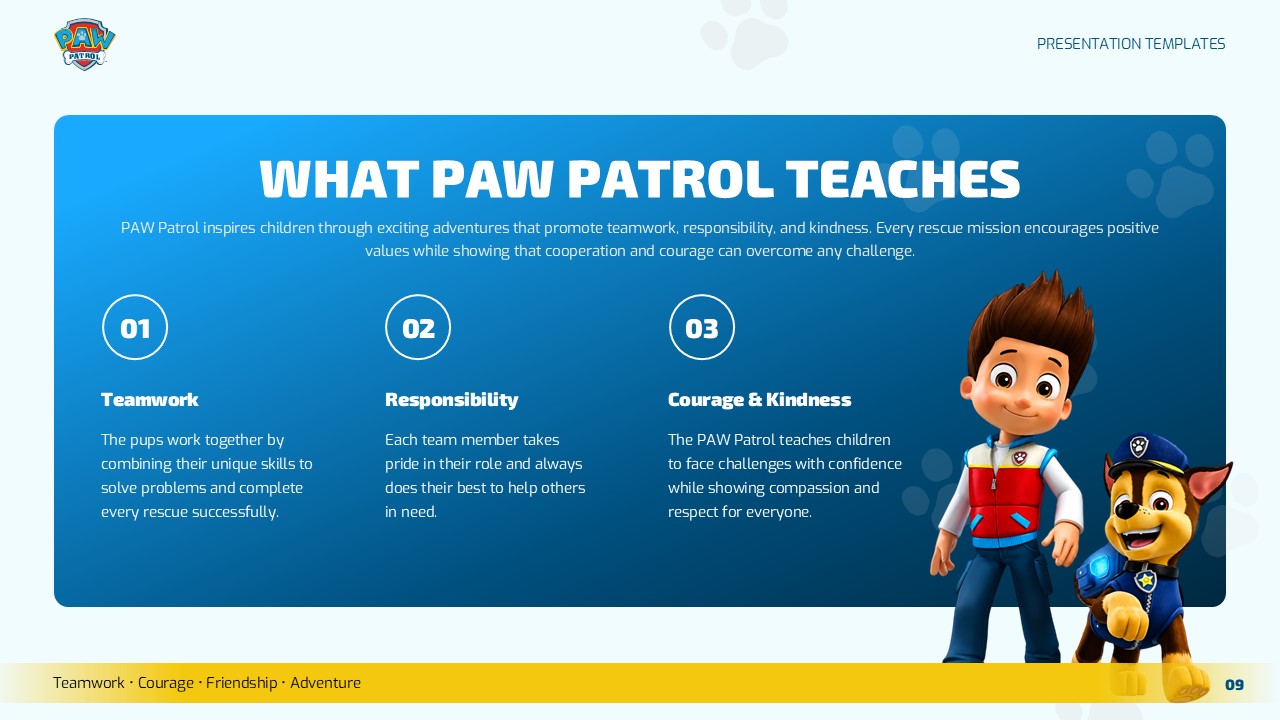 PAW Patrol Cartoon Teamwork Values Template - three-column lessons slide on deep blue card with numbered pillars