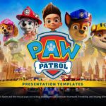 PAW Patrol Cartoon Template - cinematic cover slide with character arc, logo shield, and golden sky background