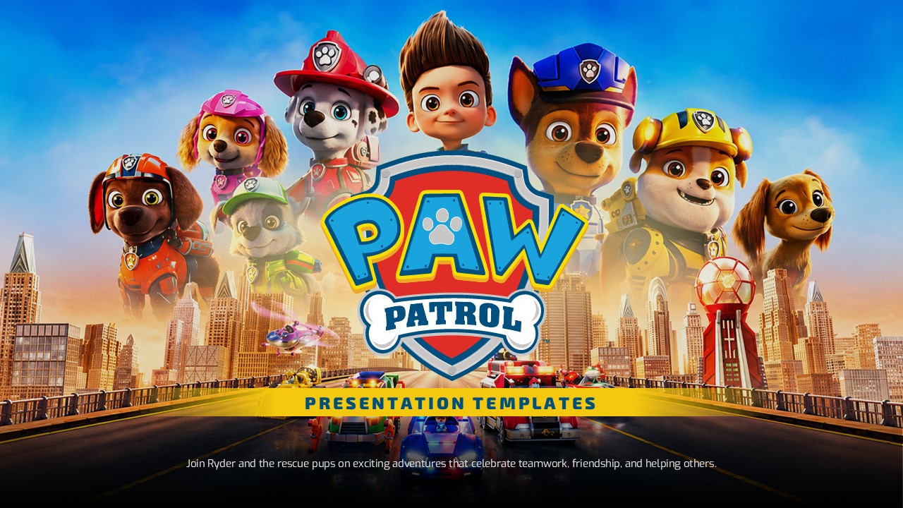 PAW Patrol Cartoon Template - cinematic cover slide with character arc, logo shield, and golden sky background