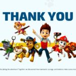 PAW Patrol Cartoon Thank You Template - closing slide with full ensemble cast, yellow accent band, and farewell message