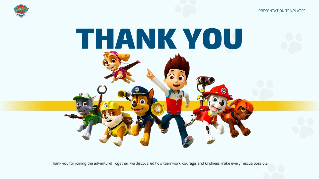 PAW Patrol Cartoon Thank You Template - closing slide with full ensemble cast, yellow accent band, and farewell message