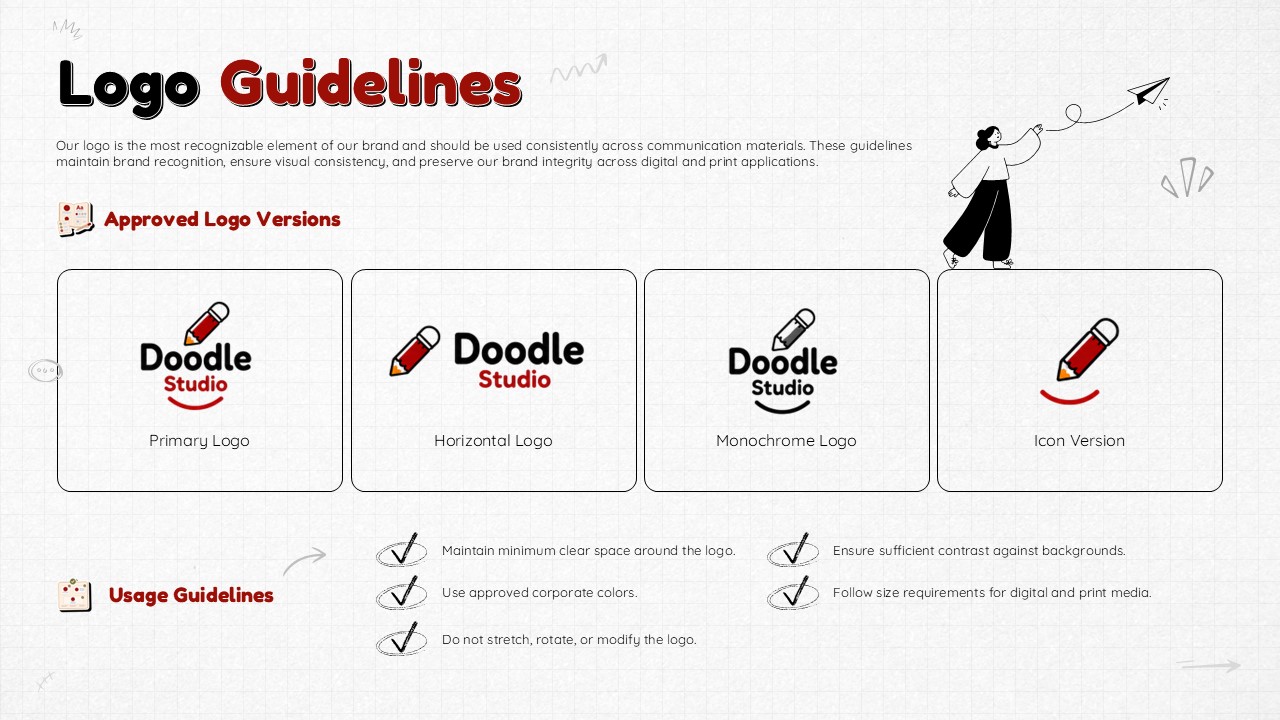 Playful Doodle Branding - brand applications slide with digital, print, and physical branding checklists