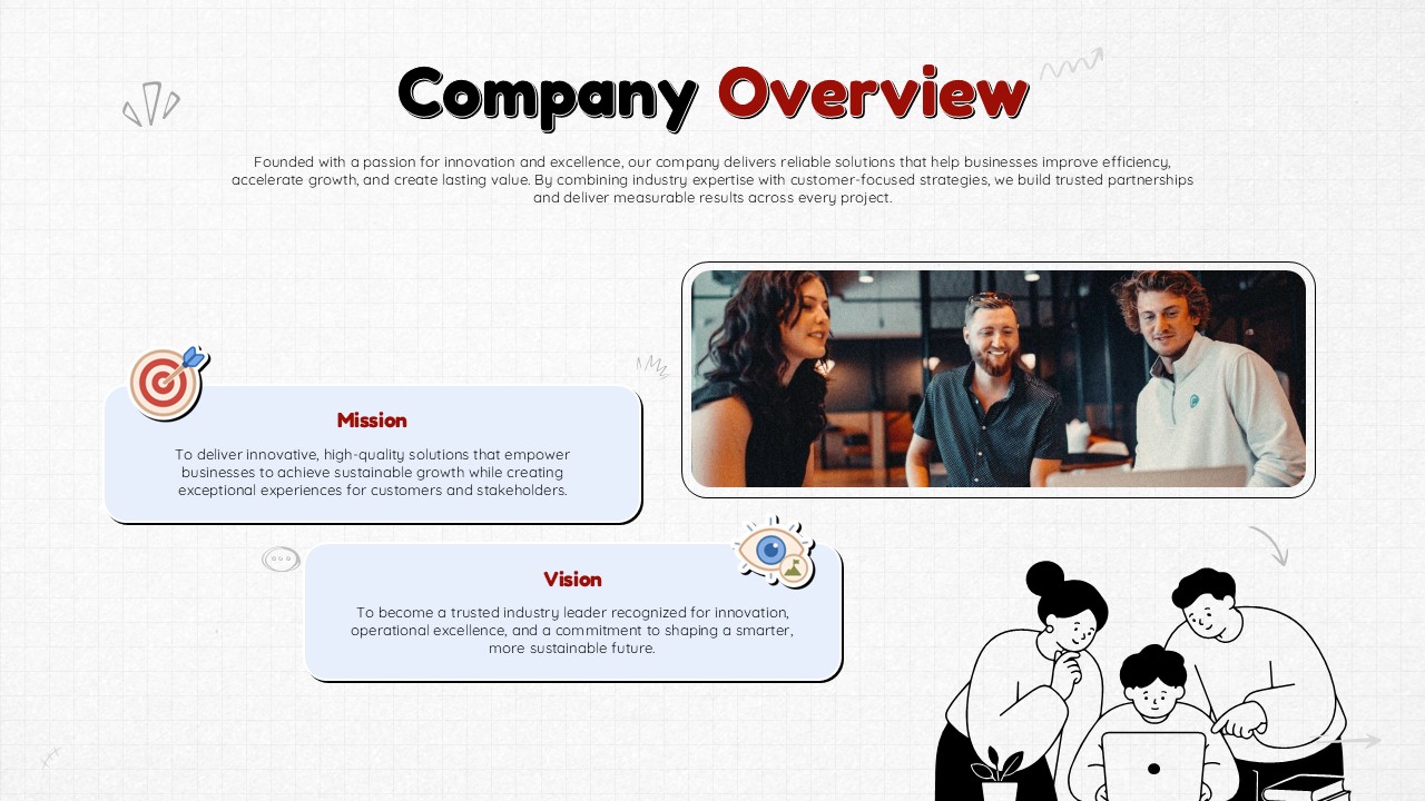 Playful Doodle Branding - brand purpose and values slide with five core value cards and team photo