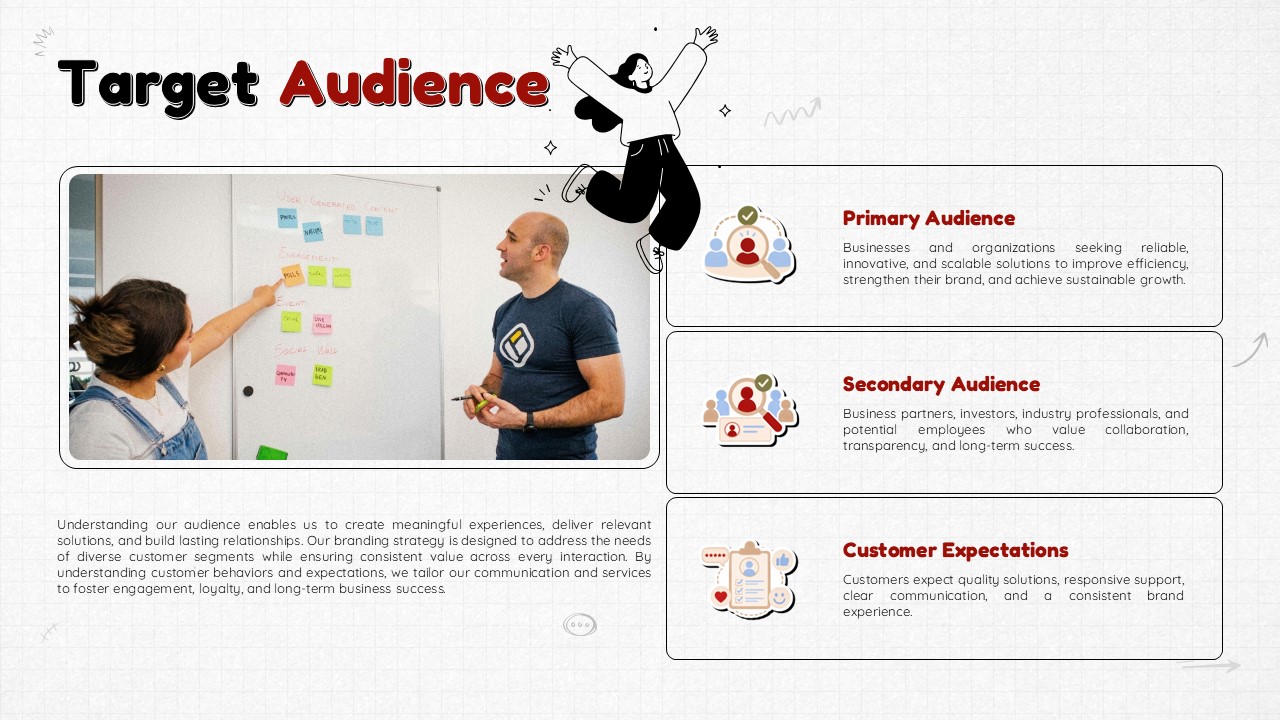 Playful Doodle Branding - performance and brand impact slide with outcomes checklist and KPI section