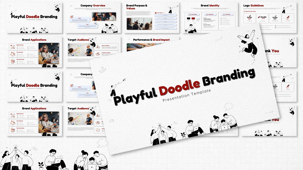 Playful Doodle Branding Presentation Template - cover slide with bold title and hand-drawn doodle illustrations