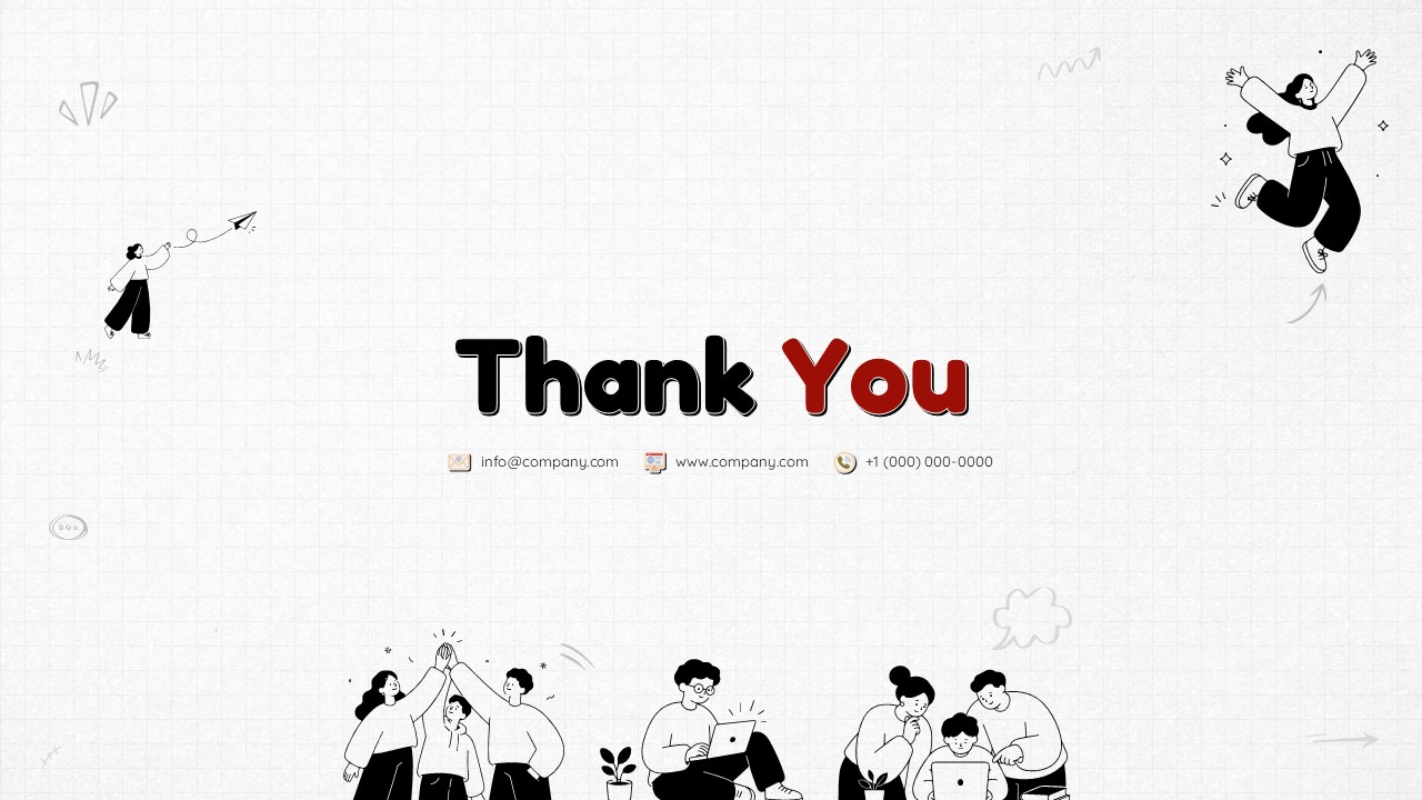 Playful Doodle Branding - thank you closing slide with contact info row and corner doodle illustrations