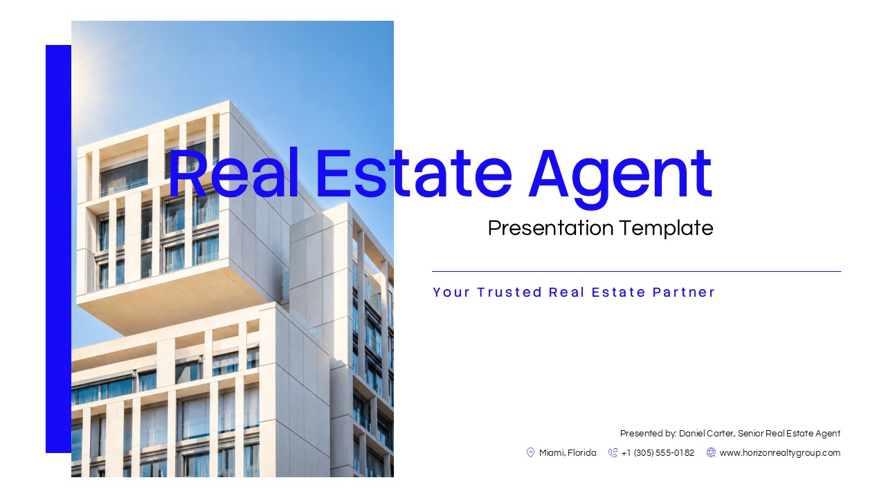 Real Estate Agent Template - split-layout agent bio slide with headshot, $85M stat, and blue panel
