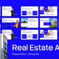 Real Estate Agent Template - grid preview of 11 slides with blue and white design and building photo
