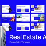 Real Estate Agent Template - grid preview of 11 slides with blue and white design and building photo