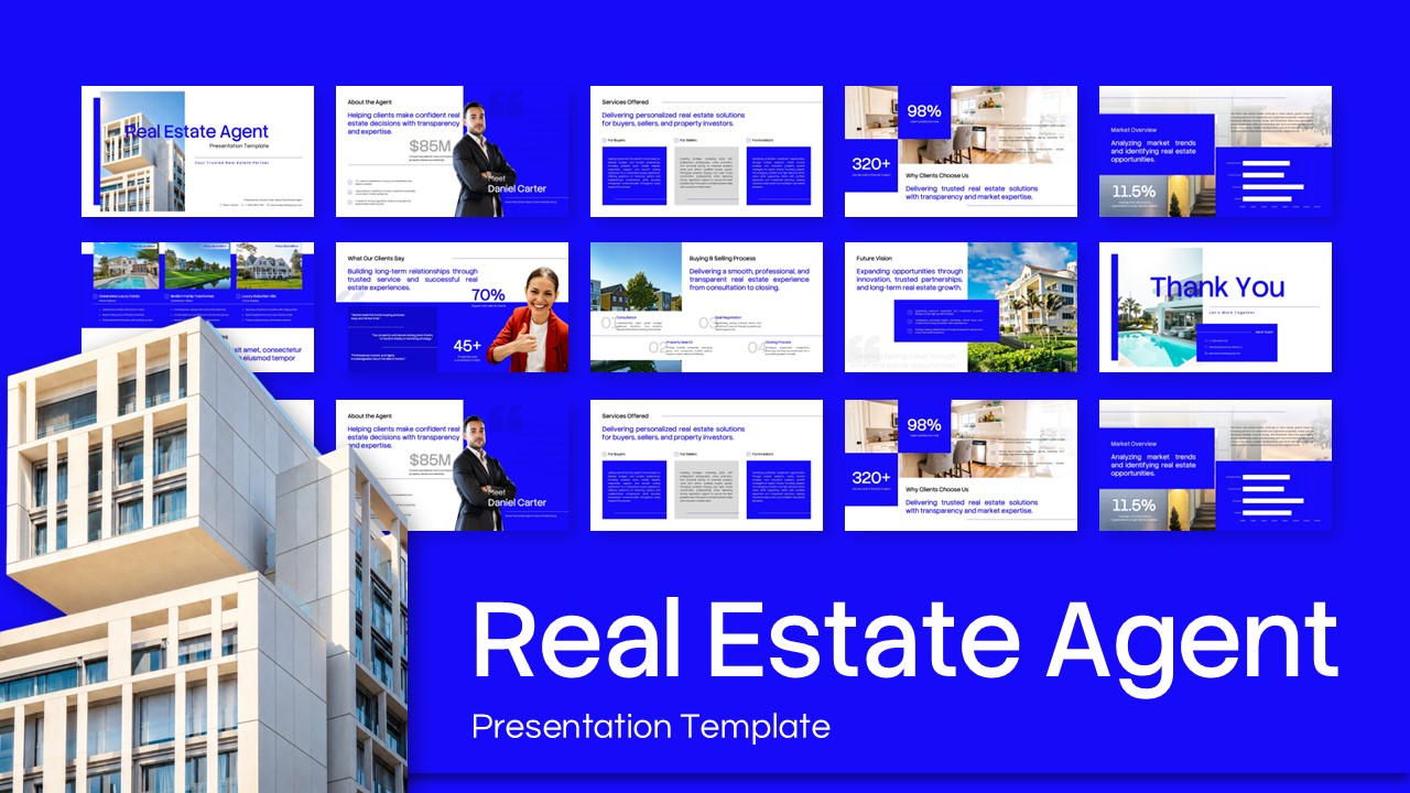 Real Estate Agent Template - grid preview of 11 slides with blue and white design and building photo