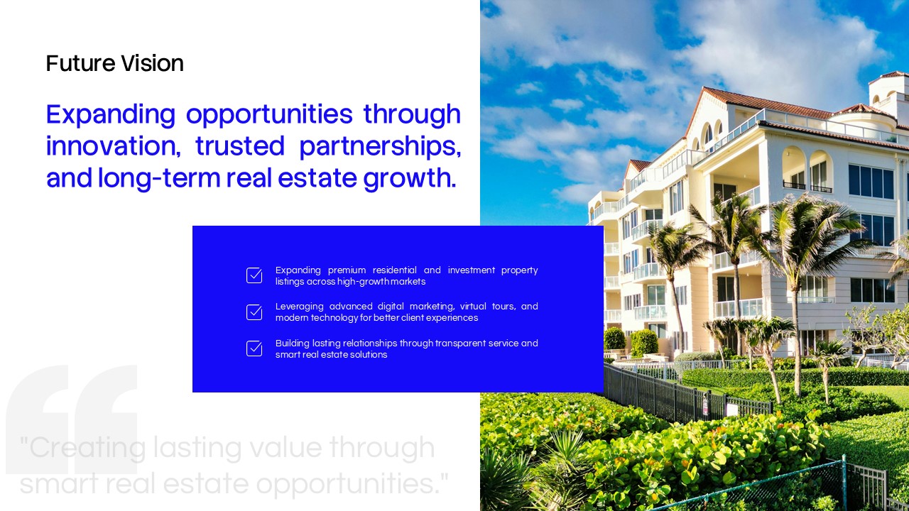Real Estate Thank You Template - closing slide with contact info panel and luxury villa pool photo