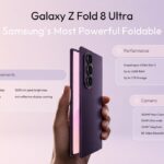 Galaxy Z Flip 8 Specs Template - Warm pink three-panel slide featuring compact flip phone design and Flex Mode camera features