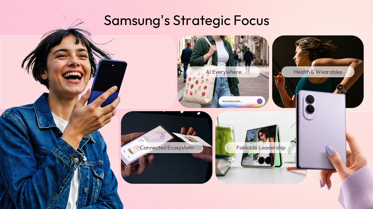 Galaxy Z Fold 8 Specs Template - Three-panel lavender spec sheet highlighting design, performance, and camera features