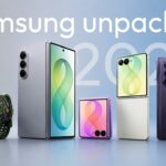 Samsung Unpacked 2026 Google Slides Template - Editorial intro slide with lifestyle photo and AI-powered innovation tagline
