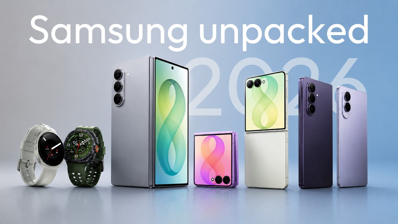 Samsung Unpacked 2026 Google Slides Template - Editorial intro slide with lifestyle photo and AI-powered innovation tagline