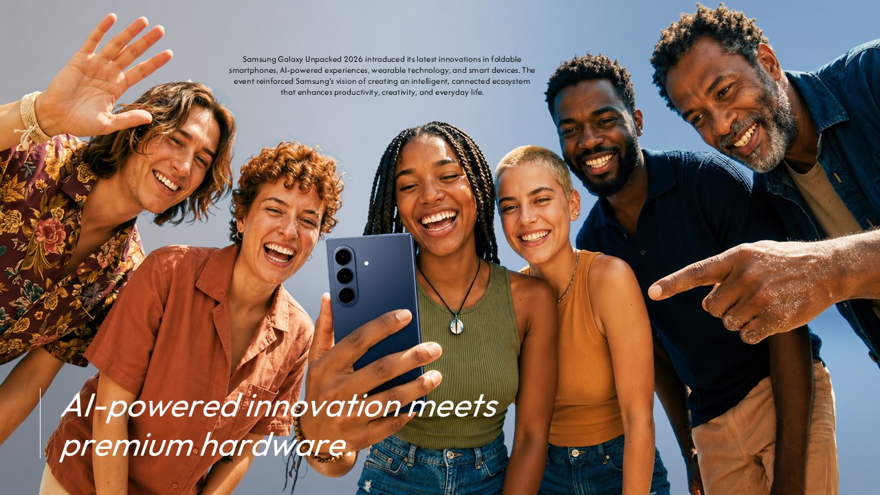 Samsung Strategic Focus Areas Template - Four-pillar visual grid covering AI, Health, Ecosystem, and Foldable Leadership