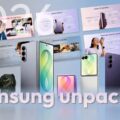 Samsung Unpacked 2026 Template - Mosaic cover slide with Galaxy device previews on blue-gray gradient background