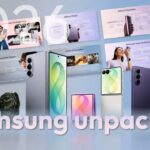 Samsung Unpacked 2026 Template - Mosaic cover slide with Galaxy device previews on blue-gray gradient background