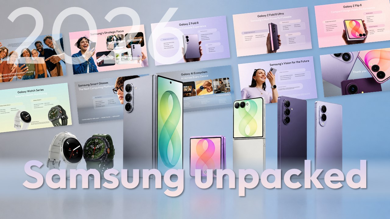 Samsung Unpacked 2026 Template - Mosaic cover slide with Galaxy device previews on blue-gray gradient background