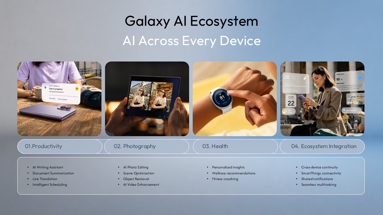 Samsung Vision for the Future Template - Asymmetric conclusion slide with Major Innovations and Business Impact panels