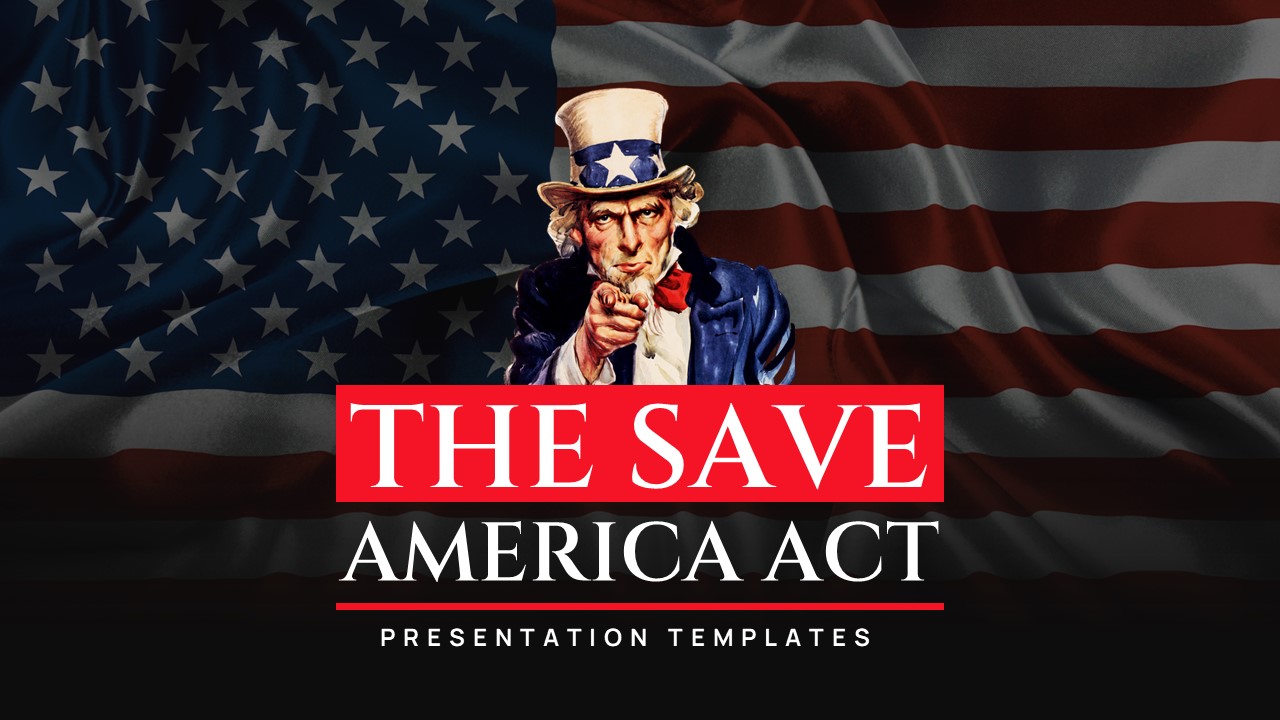 Save America Act Template - split-layout overview slide with photo panel, bullet points, and legislative summary text