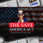 Save America Act Template - 7-slide preview in navy, red, and white with Uncle Sam imagery and patriotic design