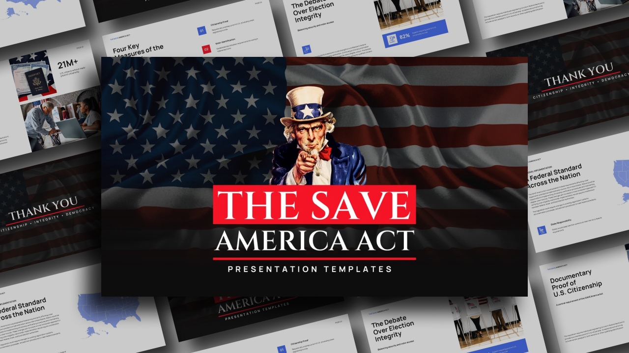 Save America Act Template - 7-slide preview in navy, red, and white with Uncle Sam imagery and patriotic design