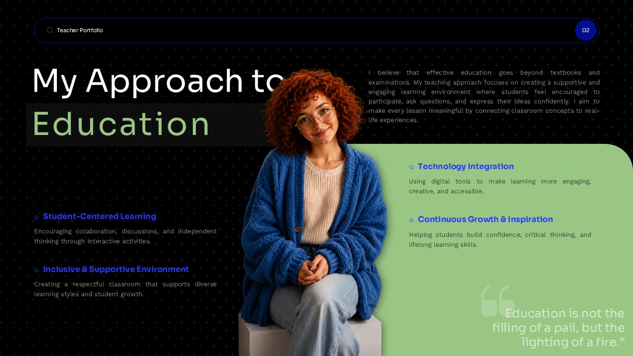 Teacher Portfolio Template - Teaching philosophy slide to outline your core educational approach and values