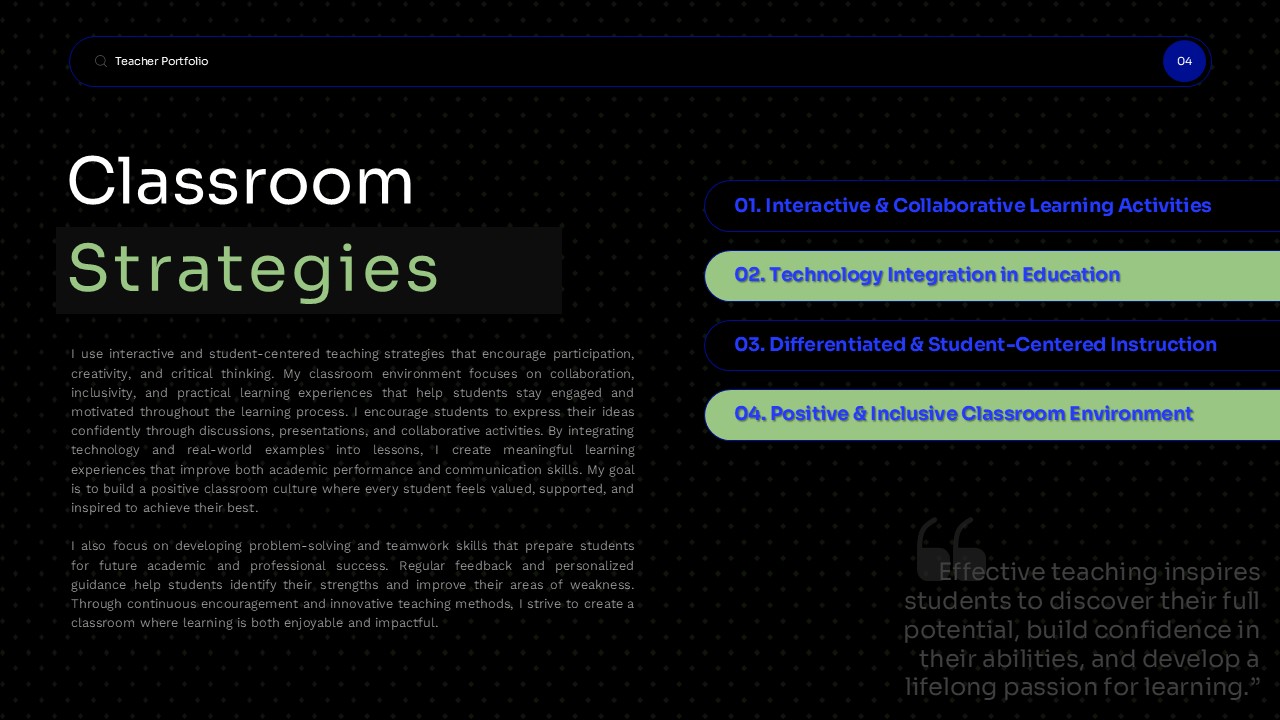 Teacher Portfolio Template - Strategies slide to highlight your instructional methods and classroom techniques